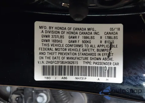 2018 Honda Civic Lx from USA, damaged, VIN 2HGFC2F58JH562615